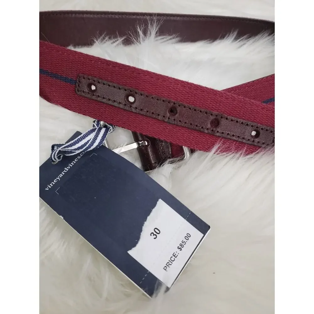 NEW Vineyard Vines Leather Canvas Webbing REVERSIBLE Belt Navy Blue Brown Maroon